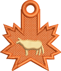 FSL vibrant yellow cow nestled in an orange maple leaf, perfect for playful fall decor with a hanging loop.