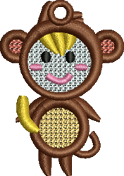 FSL monkey with brown fur and pink cheeks happily holds a yellow banana, set against a transparent checkered background.