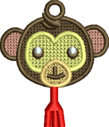 FSL monkey charm with playful round face, large expressive eyes, pink ears, and a red tassel.