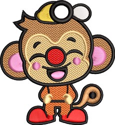 FSL cartoon monkey with a cheerful face, bright red nose, yellow cap, and colorful attire, radiating joy.