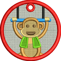 FSL monkey ornament with a cheerful expression, green scarf, and red circular border, hanging from a blue bar.