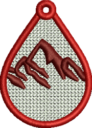 FSL teardrop showcasing a red outlined mountain range with a textured neutral background, evoking nature.