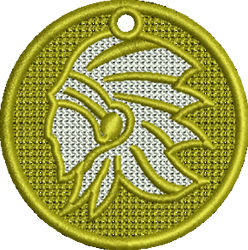 FSL stylized native head profile with a golden outline and silver detailing in a circular shape.