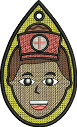 FSL nurse's cap design featuring a cheerful face, red cap with a white cross, and a teardrop shape against a yellow backgroun