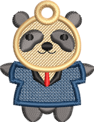 FSL panda bear in a playful style, wearing a blue suit and red tie, with a friendly face and vibrant colors.
