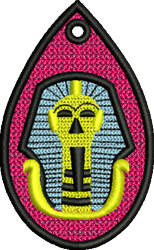 FSL pharaoh head decorated with vibrant yellows, blacks, and a playful blue background, featuring a teardrop shape.