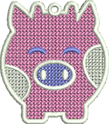 FSL pig with a pink body and blue accents, showcasing a cheerful, smiling face and closed eyes.