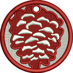 FSL red pine cone with a textured surface against a beige background, framed by a circular red border, perfect for autumn dec