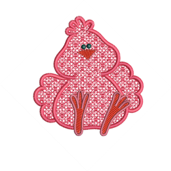 FSL pink chicken with playful expression, textured lace, and orange legs, ideal for whimsical Easter decor.
