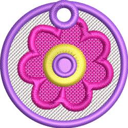 FSL pink flower with a vibrant hue, yellow center, and playful purple outline on a textured background.