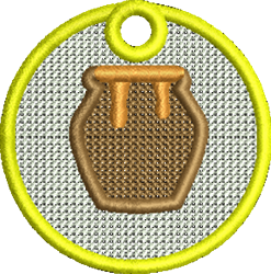 FSL brown pot with drips, framed by a vibrant yellow circle against a textured white background.