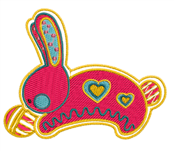 FSL rabbit in vibrant pink with blue ears, surrounded by colorful Easter eggs decorated with hearts and stripes.