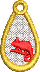 FSL red chameleon in a playful yellow teardrop outline on a delicate mesh background, showcasing vibrant colors.