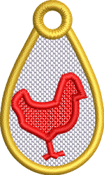 FSL vibrant red chicken silhouette with yellow outline, gracefully shaped in a teardrop on a white background.