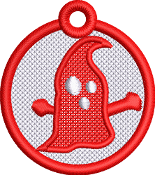 FSL red ghost with three white spots within a circular frame, on a festive silver background for Halloween.
