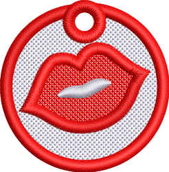 FSL red lips design in a circular shape, glossy finish on a white background, perfect for Valentine's Day.