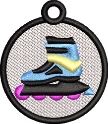 FSL roller skate with a vibrant blue and yellow design, black outline, and playful purple wheels.