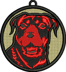 FSL Rottweiler face design featuring vibrant red colors, bold circular shape, and friendly expression against black texture.