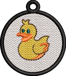 FSL rubber duck in playful yellow with orange beak and black outline, set against a textured white background.