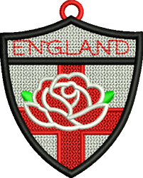 FSL shield emblem featuring a white rose and green leaves on a red cross, with 'ENGLAND' in red above.