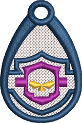 FSL drop-shaped tag featuring a bold skull and shield design in navy, purple, and yellow with a textured background.