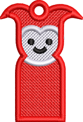 FSL tag with a smiling jester in bright red, featuring a whimsical cap for playful Halloween decor.