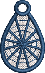 FSL spider web teardrop with navy blue thread, featuring an open lace structure and a loop for hanging.