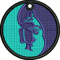 FSL stylized face profile in modern abstract style, featuring circular design, blue and purple colors, outlined in black.