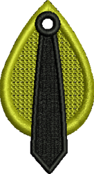 FSL teardrop shape featuring a bright yellow color, a central black tie, and a decorative ring at the top.