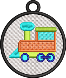 FSL train design in bright colors, featuring orange, green, and blue, enclosed in a playful circular black frame.
