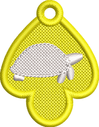 FSL turtle ornament with a playful white turtle outlined in yellow on a bright lace background.