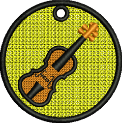 FSL violin in vibrant orange shades with smooth forms, outlined in black on a cheerful yellow background.