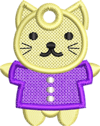 FSL yellow cat with playful features, wearing a purple shirt with buttons, smiles cheerfully.