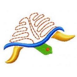 Colorful turtle with a vibrant shell featuring blue and yellow outlines and wavy orange accents.