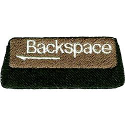 Backspace key patch with brown background, white text, and left arrow, framed in black. Ideal for modern denim.