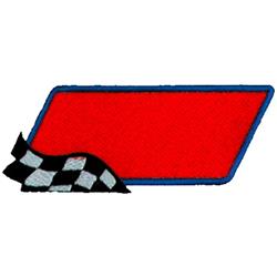 Blank rectangular label in bold red with a blue border, featuring a black and white checkered flag, sporty design.