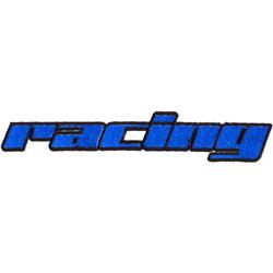 Bold racing word in blue with black outlines, modern design for sports and active wear.