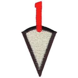 Triangular shape with a dark brown outline and neutral center, featuring a bright red tab. Modern design.