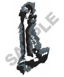 Abstract boot design with distressed texture, jagged edges, and monochrome shades of black, gray, and white.