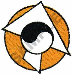 Abstract design featuring a black circle amidst white triangular shapes on an orange background, modern geometric style.