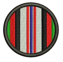 Circular patch featuring abstract stripes in bold colors: red, black, green, white, and blue, outlined in black.