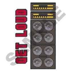 Amplifier stack showcasing six circular speakers with bold red 'GET LOUD' text, vibrant and energetic style.