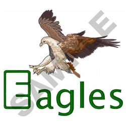 Applique eagle soaring mid-flight, showcasing detailed feathers and bold green 'Eagles' text below.
