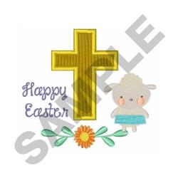 Applique lamb in a blue outfit surrounded by a golden cross and colorful flowers, perfect for Easter.