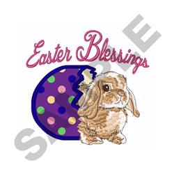 Applique rabbit with colorful polka dots next to an Easter egg, featuring 'Easter Blessings' text.
