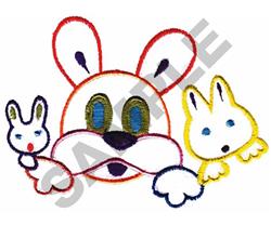 Applique large rabbit with oversized ears and playful expression, surrounded by smaller rabbits in colorful outlines for East