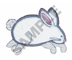 Applique rabbit leaping with fluffy white fur, pink ears, playful style, perfect for Easter.