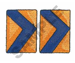 Applique embroidery patch featuring a blue arrow design on a vibrant orange background with a modern geometric style.