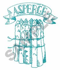Hand-drawn bundle of asparagus tied with a ribbon, featuring a banner that reads 'ASPERGE'. Organic and fresh design.