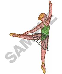 Applique ballet dancer in a vibrant green costume, performing in a black tutu with detailed embroidery.